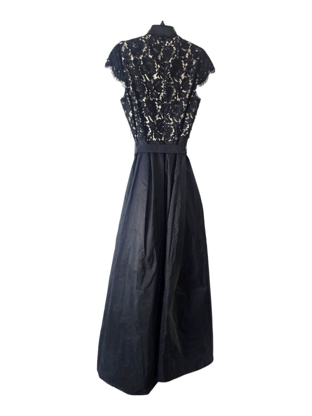 Black Lace & Taffeta Evening Gown, Cap Sleeves, Full Length, Belted, Size 1